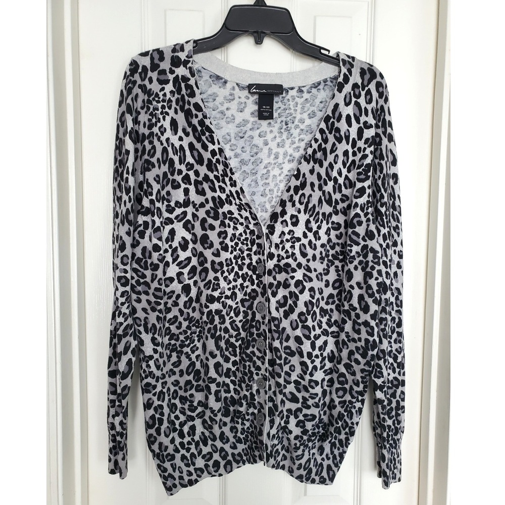 Lane Bryant Cardigan Grey Leopard Print Button Up Knit Cotton Plus Size 18/20